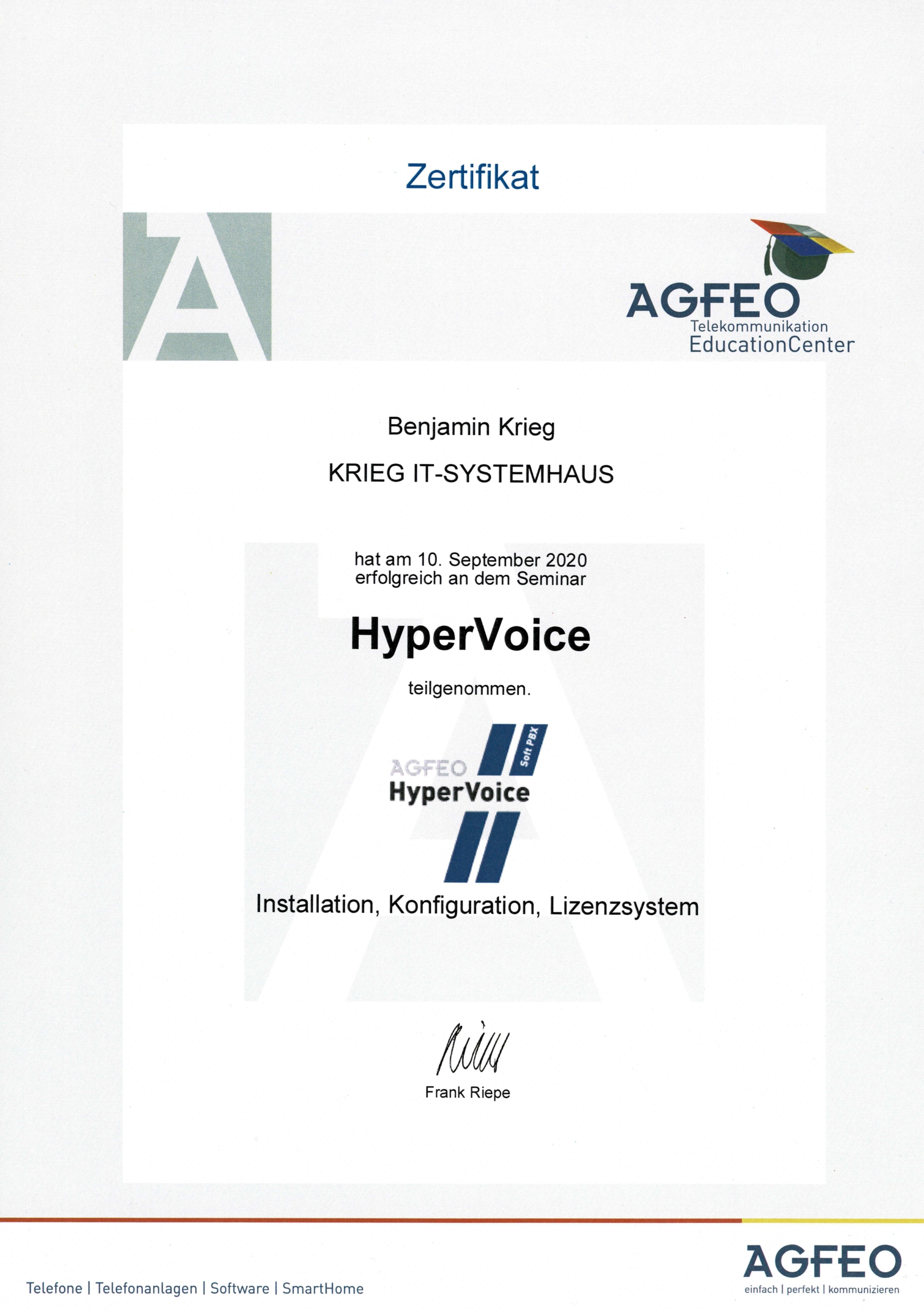 Zertifikat an Benjamin Krieg von KRIEG IT-SYSTEMHAUS für die erfolgreiche Teilnahme am AGFEO HyperVoice Seminar zur Installation, Konfiguration und Lizenzierung am 10. September 2020.