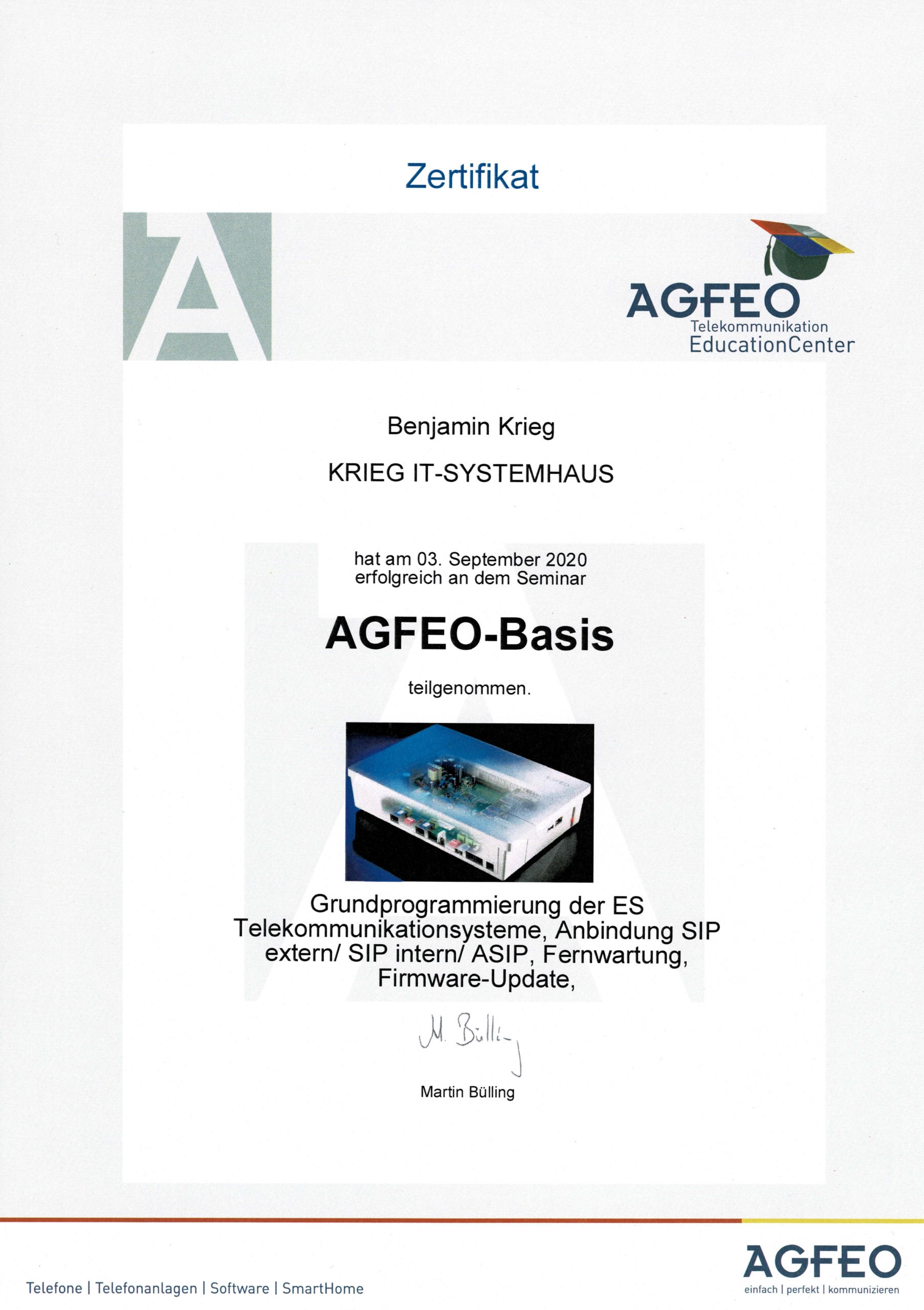 Zertifikat an Benjamin Krieg von KRIEG IT-SYSTEMHAUS für die erfolgreiche Teilnahme am AGFEO ES-Basis Seminar und die AGFEO Zertifizierung am 3. September 2020. Enthält Logos, eine Unterschrift und Kursdetails.
