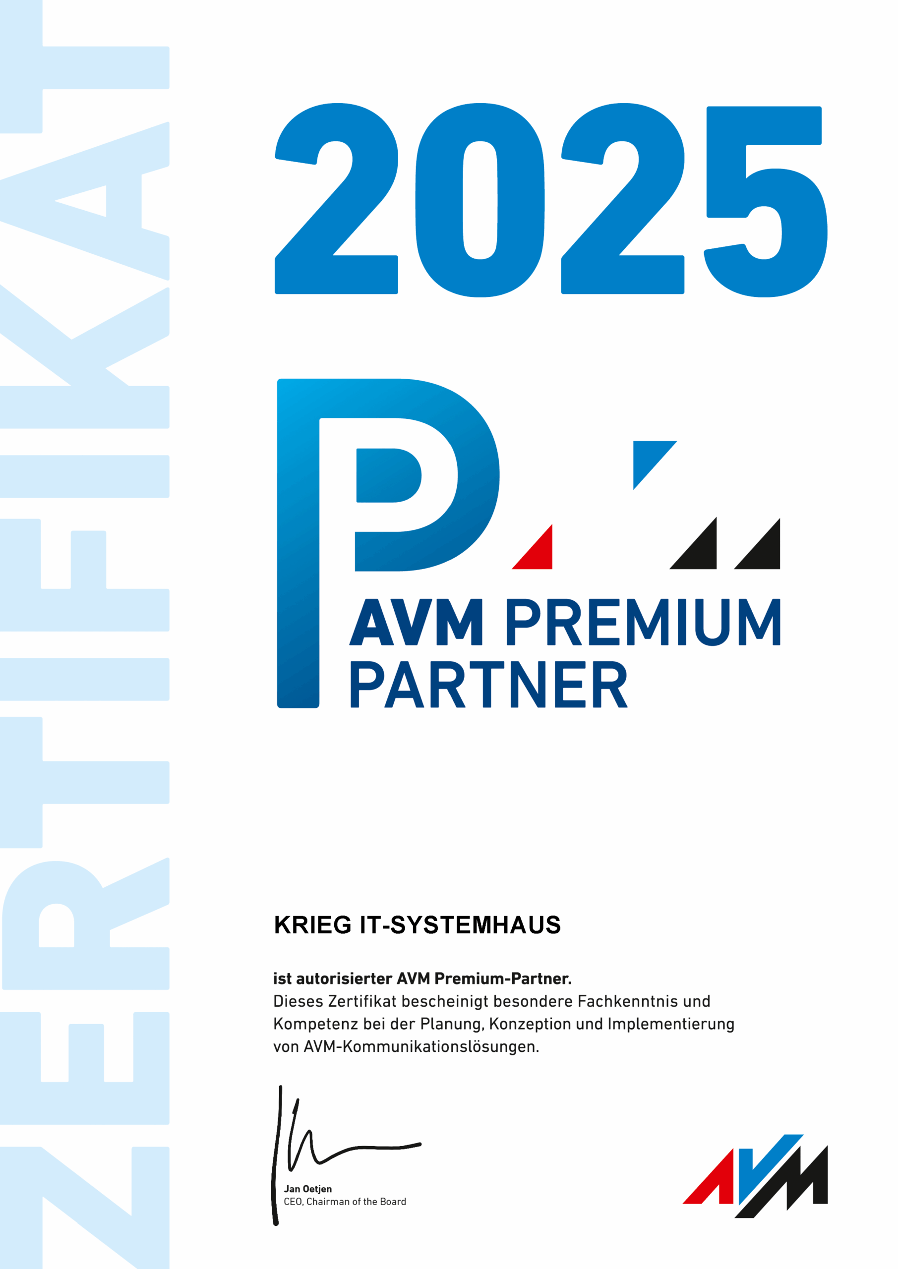 Zertifikat mit fetter blauer 2025 oben, AVM PREMIUM PARTNER Logo in der Mitte und Angaben, die KRIEG IT-SYSTEMHAUS als autorisierten AVM Premium Partner ausweisen. Das AVM-Logo ist unten rechts abgebildet.