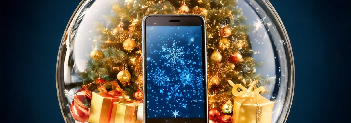 Smartphone in einer Weihnachtskugel