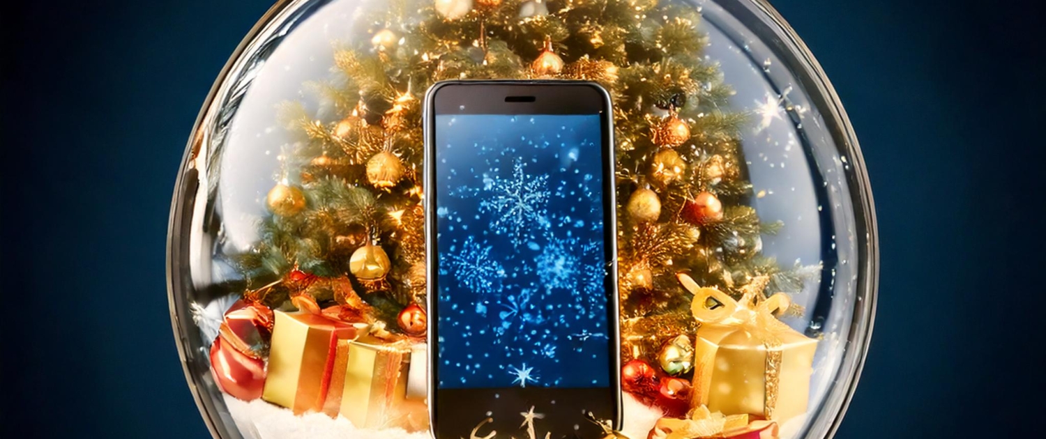 Ein gläserner Weihnachtsschmuck enthält einen geschmückten Baum, eingepackte Geschenke, Kunstschnee und ein Smartphone mit blauem, verschneitem Bildschirm - alles vor einem dunkelblauen Hintergrund, der uns daran erinnert, in der Weihnachtszeit auf Phishing zu achten.