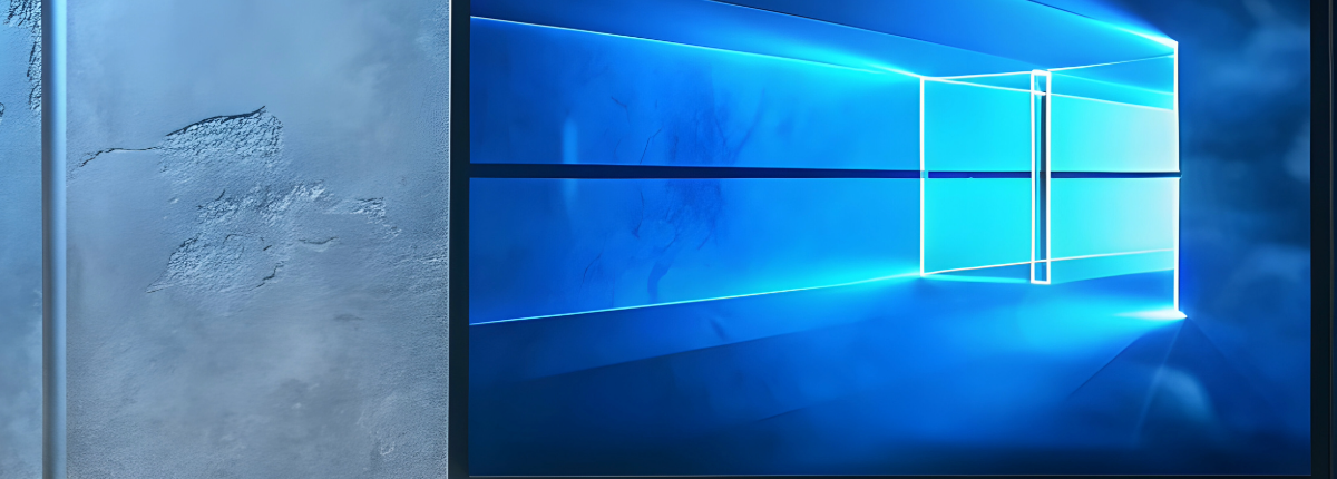 Auf einem hellen Schreibtisch steht ein Laptop mit dem Anmeldebildschirm von Windows 10, daneben eine kabellose Maus, die auf die Unterstützung hinweist, auf die sich die Benutzer verlassen, mit einer strukturierten grauen Wand im Hintergrund.