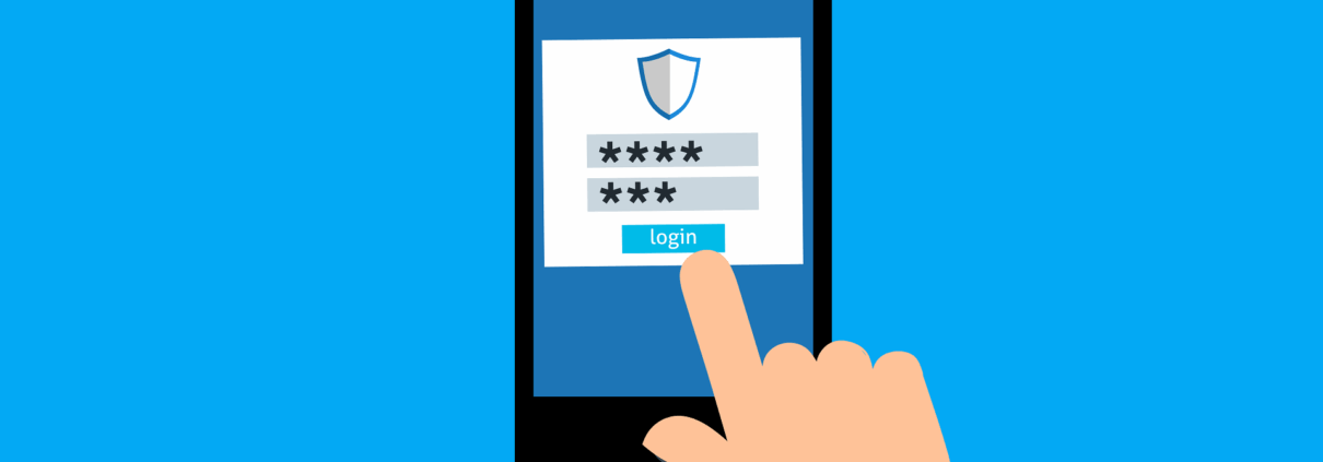 Eine Hand tippt auf die Login-Taste auf einem Smartphone-Bildschirm, der ein Passwort-Eingabeformular mit verdeckten Zeichen und einem Sicherheitsschild-Symbol, das eine sichere Anmeldung hervorhebt, vor einem blauen Hintergrund anzeigt.
