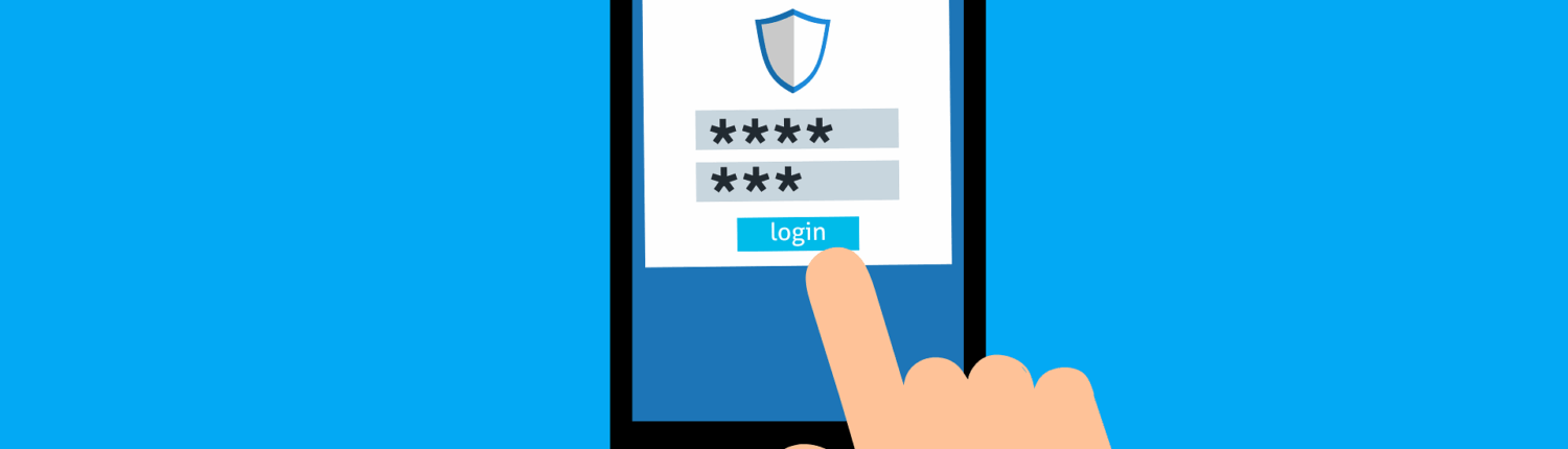 Eine Hand tippt auf die Login-Taste auf einem Smartphone-Bildschirm, der ein Passwort-Eingabeformular mit verdeckten Zeichen und einem Sicherheitsschild-Symbol, das eine sichere Anmeldung hervorhebt, vor einem blauen Hintergrund anzeigt.
