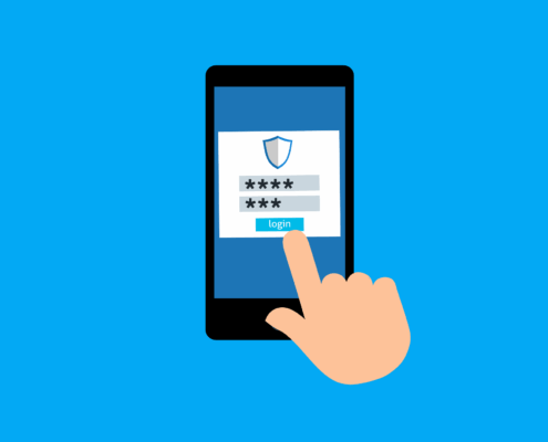 Eine Hand tippt auf die Login-Taste auf einem Smartphone-Bildschirm, der ein Passwort-Eingabeformular mit verdeckten Zeichen und einem Sicherheitsschild-Symbol, das eine sichere Anmeldung hervorhebt, vor einem blauen Hintergrund anzeigt.