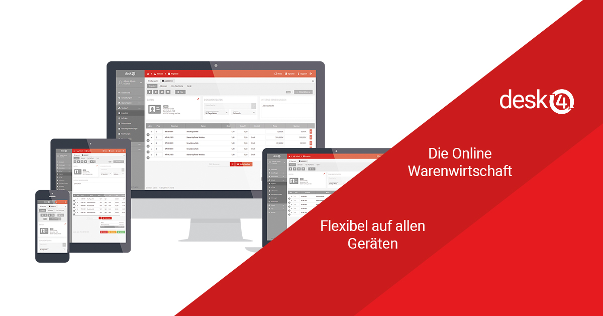 Ein Computerbildschirm, ein Tablet und ein Smartphone zeigen die gleiche desk4-Oberfläche. Rechts ist ein rotes Overlay mit dem desk4 Logo und deutschem Text zu sehen: Cloud-Warenwirtschaft - flexibel auf allen Geräten.